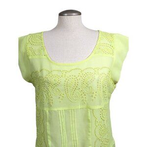 American Eagle Womens L Blouse Top Neon Yellow Sheer Eyelet Paisley Button Back